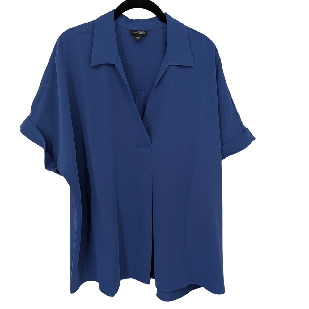 J Jill Blouse Women XL Blue Short Sleeve V-Neck Button Back Wearever Tunic Top